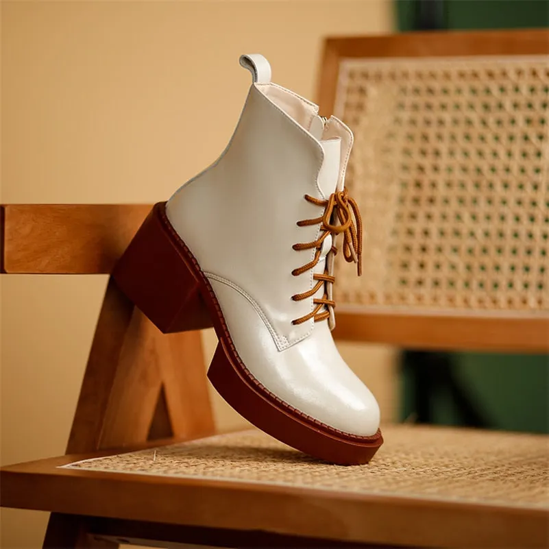 Meotina Women Shoes Genuine Leather Ankle Boots Platform Thick High Heel Boots Round Toe Zipper Lady Footwear 2021 Autumn Winter