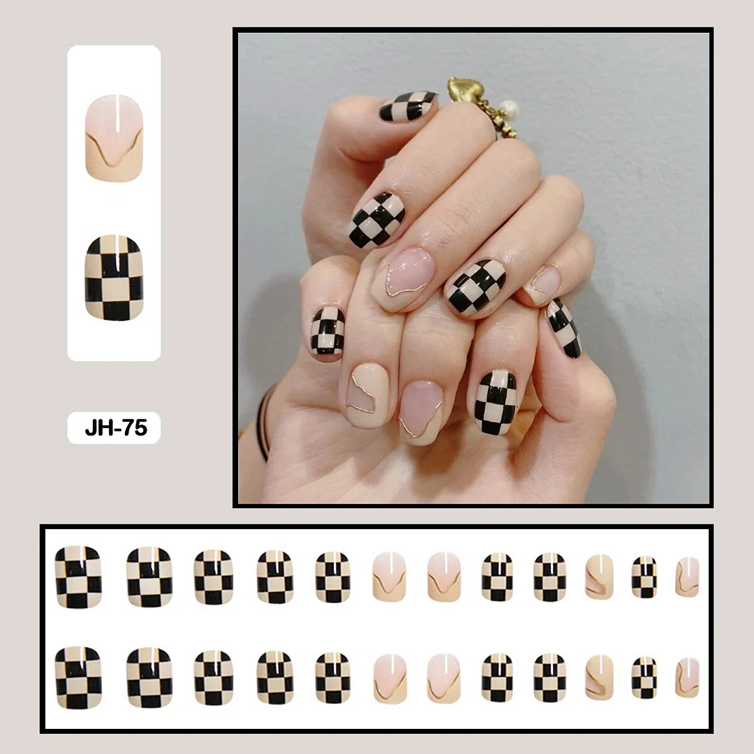24pcs/box Classic Checkerboard Pattern Geometric Simplicity Nail Art Short False Nails With Glue Fake Nails With Wearing Tools-Nail Inspo