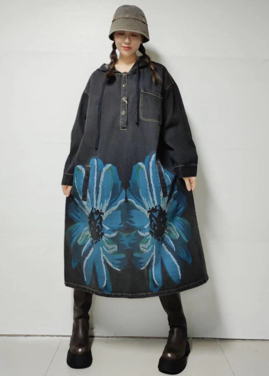 VCSHOES Loose Blue Hooded Print Denim Dress Long Sleeve