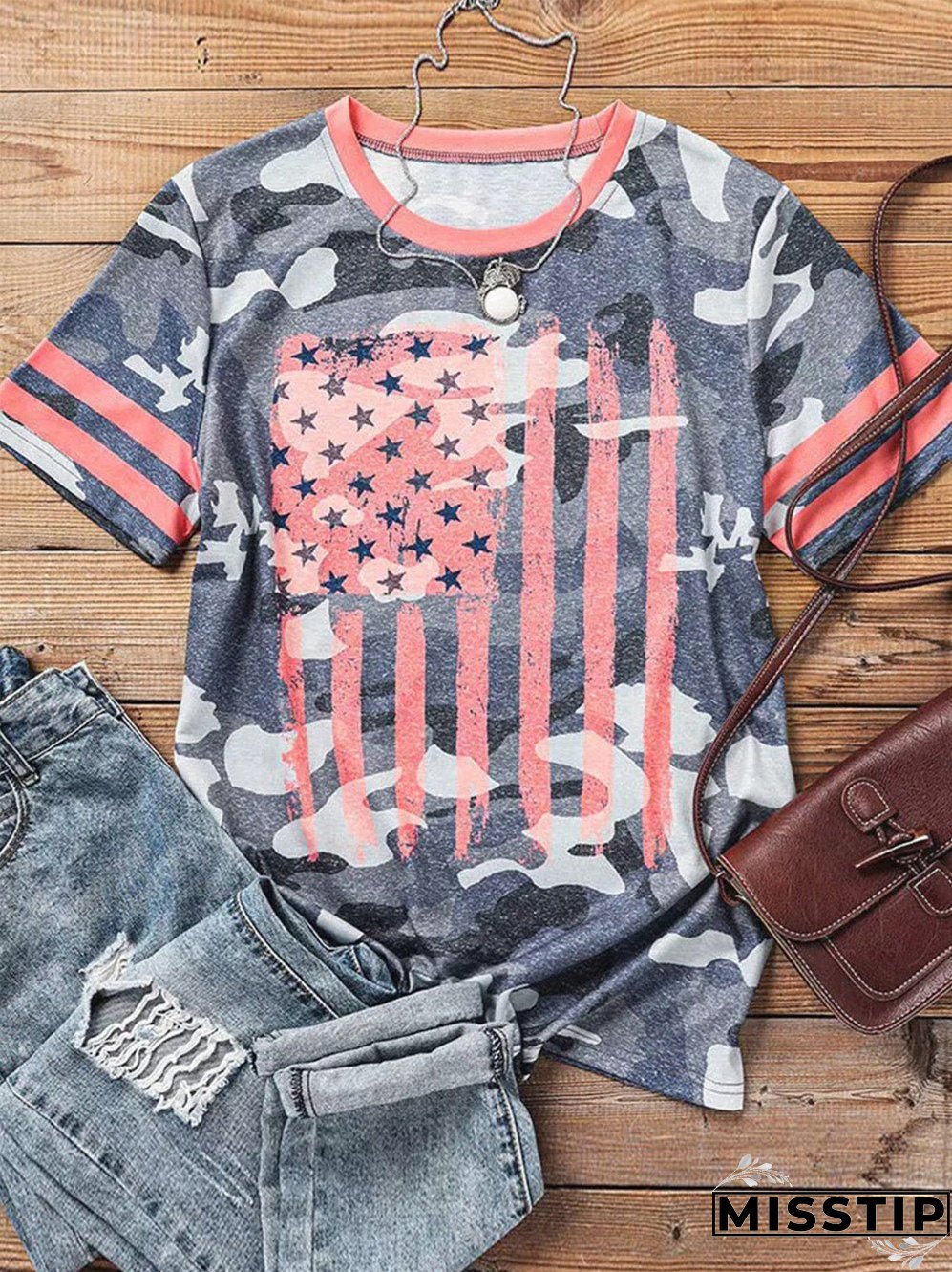 Retro Camo print Flag Graphic T-shirt