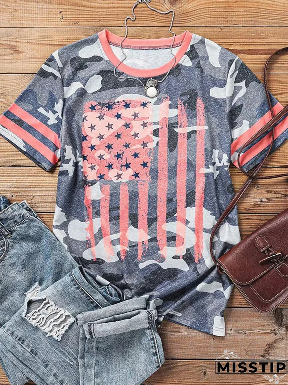 Retro Camo print Flag Graphic T-shirt