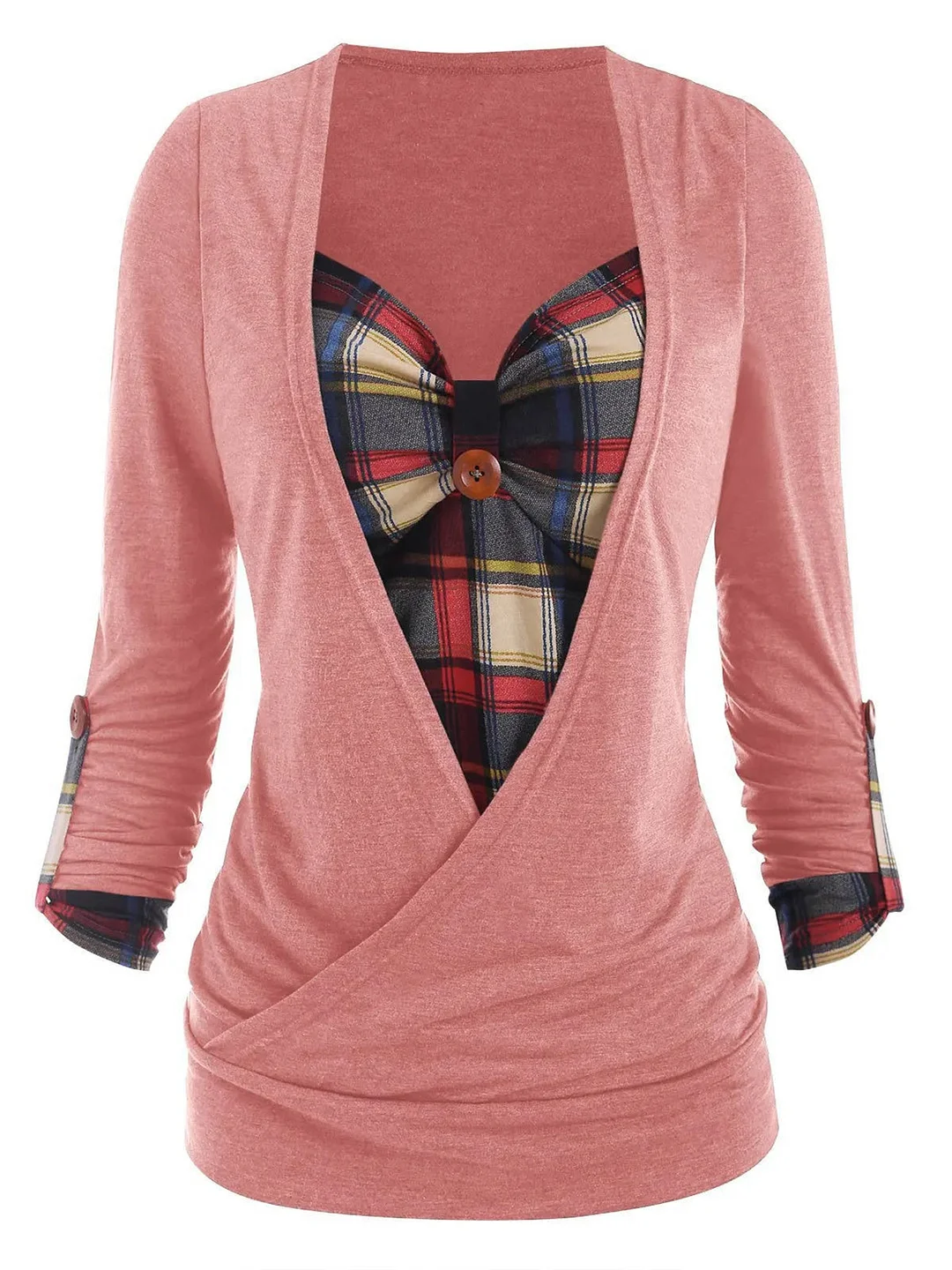 Women's Long Sleeve V-neck Plaid Printed Fake Two-Piece Tops