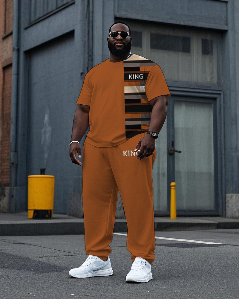 Big Men's Retro Plaid Color Block Splicing Style KING Letter Printed Short Sleeve T-shirt Pants Set