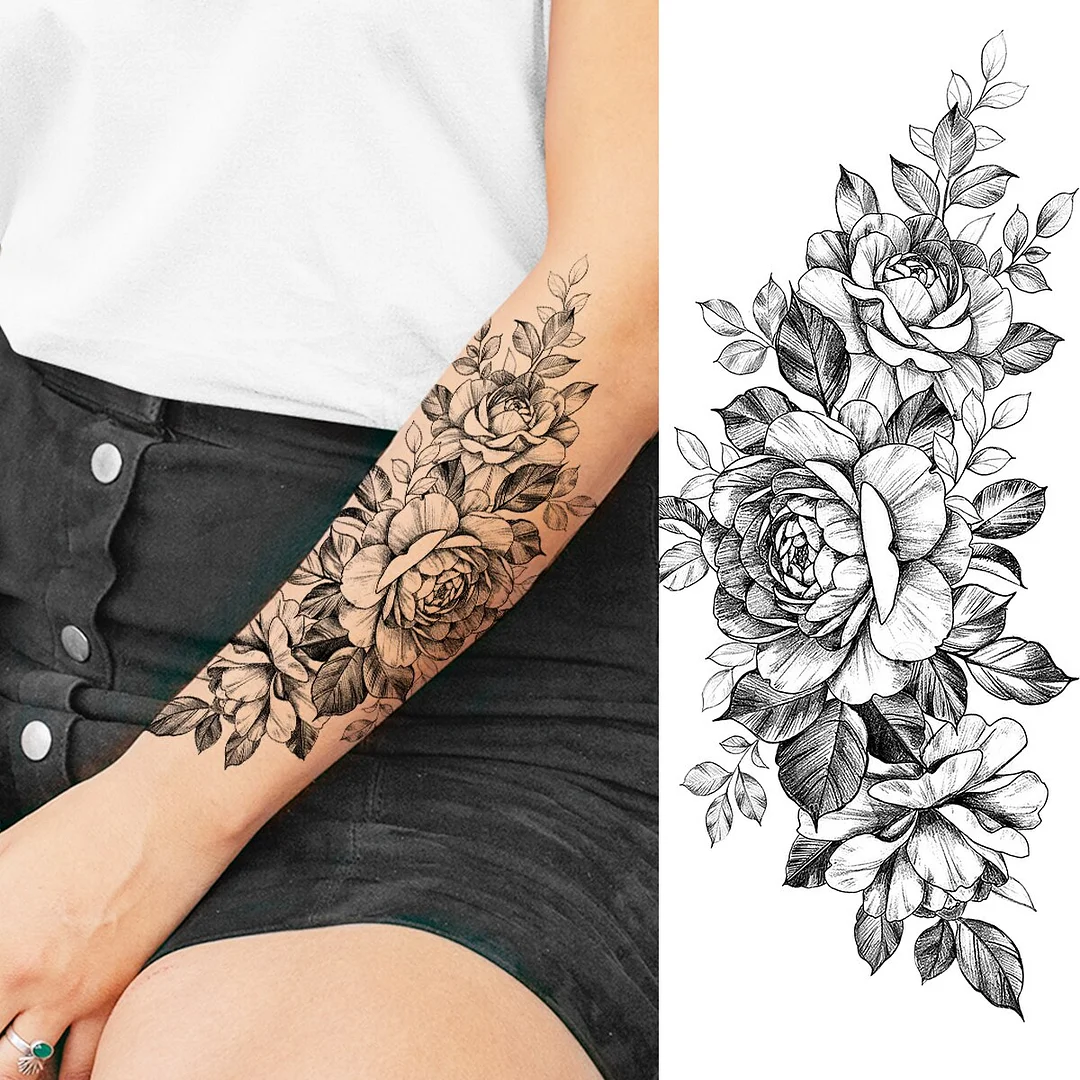 Sdrawing Peony Flower Moon Temporary Tattoos For Women Adult Rose Daisy Crown Fake Tattoo Fashion Washable Half Sleeve Tatoos