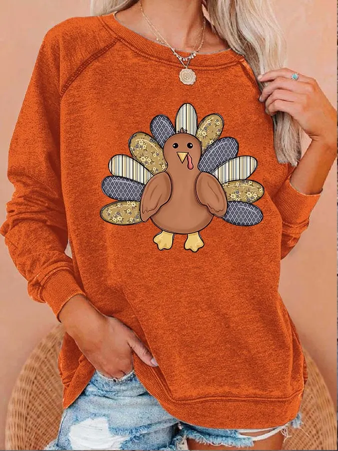 Women'S Turkey Print Crew Neck Sweatshirt 