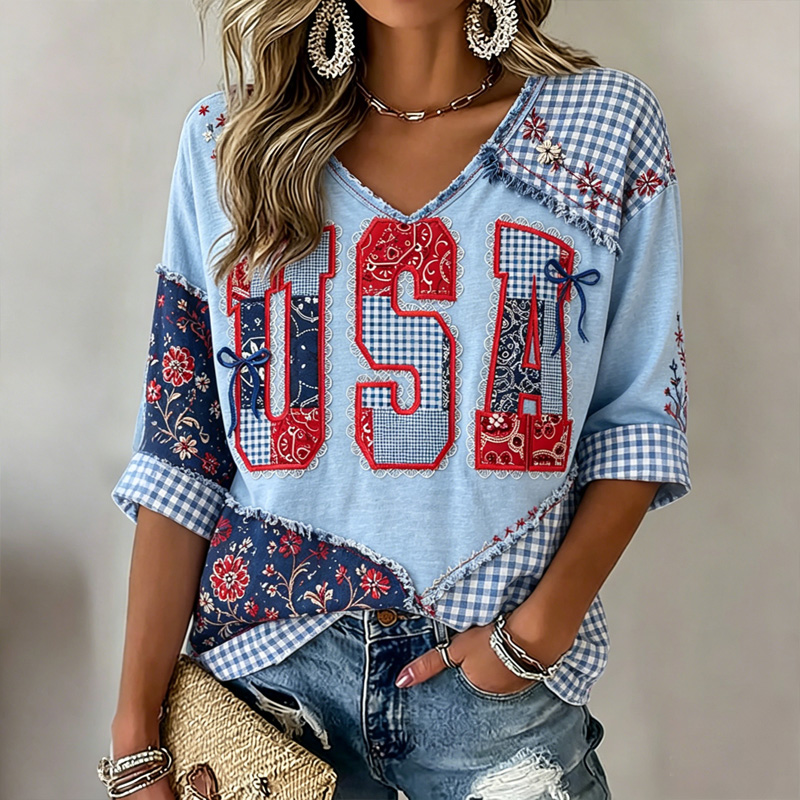  Women's Vintage Flag Patchwork Art  Three-quarter Sleeve V Neck Linen Tops Westsshops