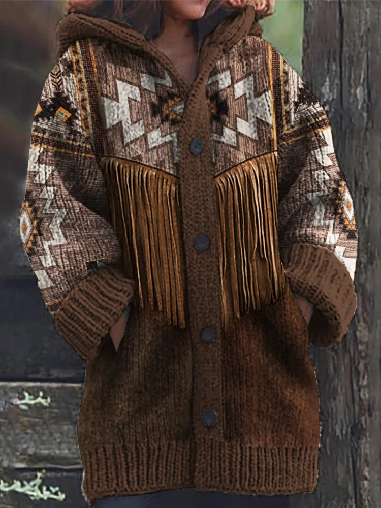 VChics Western Aztec Tassels Contrast Cozy Hooded Cardigan