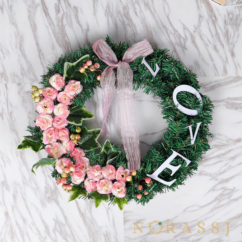 Pink Rose Wreath LOVE Letter Spring Wreath for Front Door