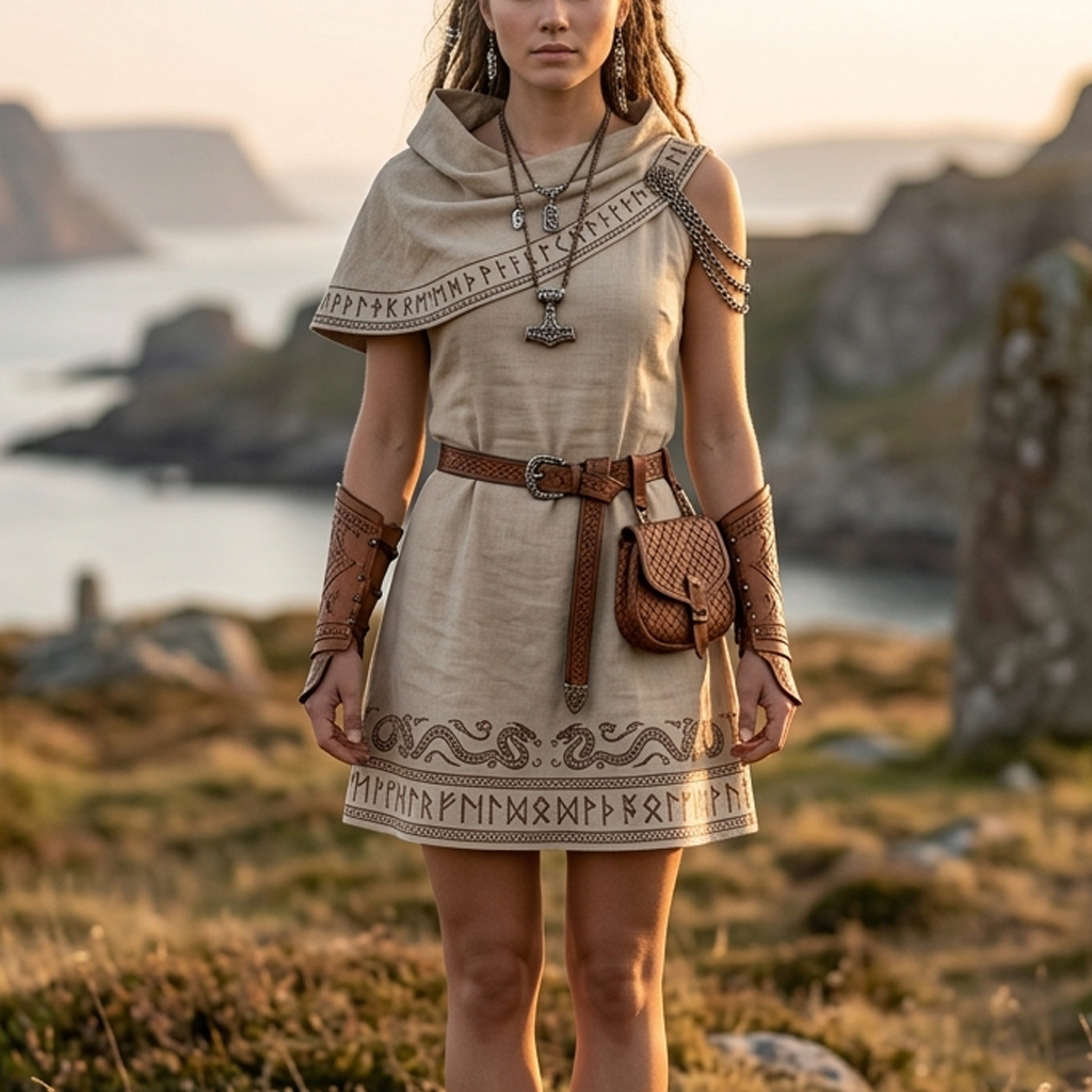 Cotton Linen Viking-Inspired Boho Maxi Dress with Nordic Symbols and Fringed Hem