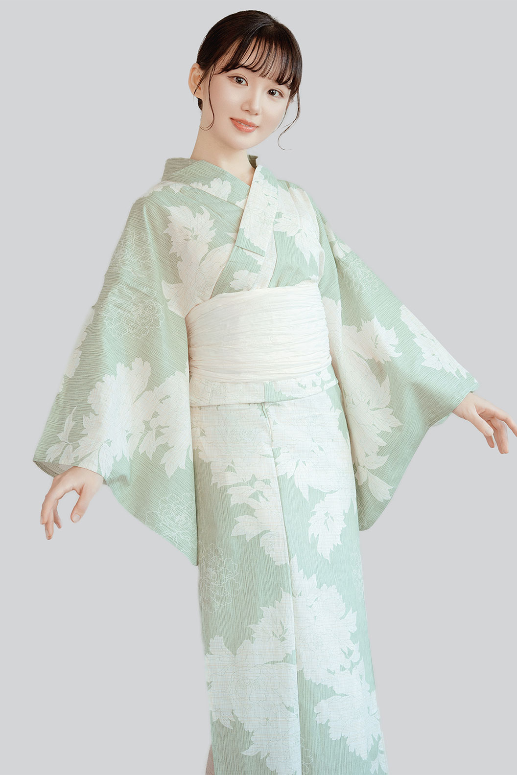 Yukata Kimono Cotton Linen with Obi Butterfly Knot Solid Color Floral - てんじんまつり Stupa Stones