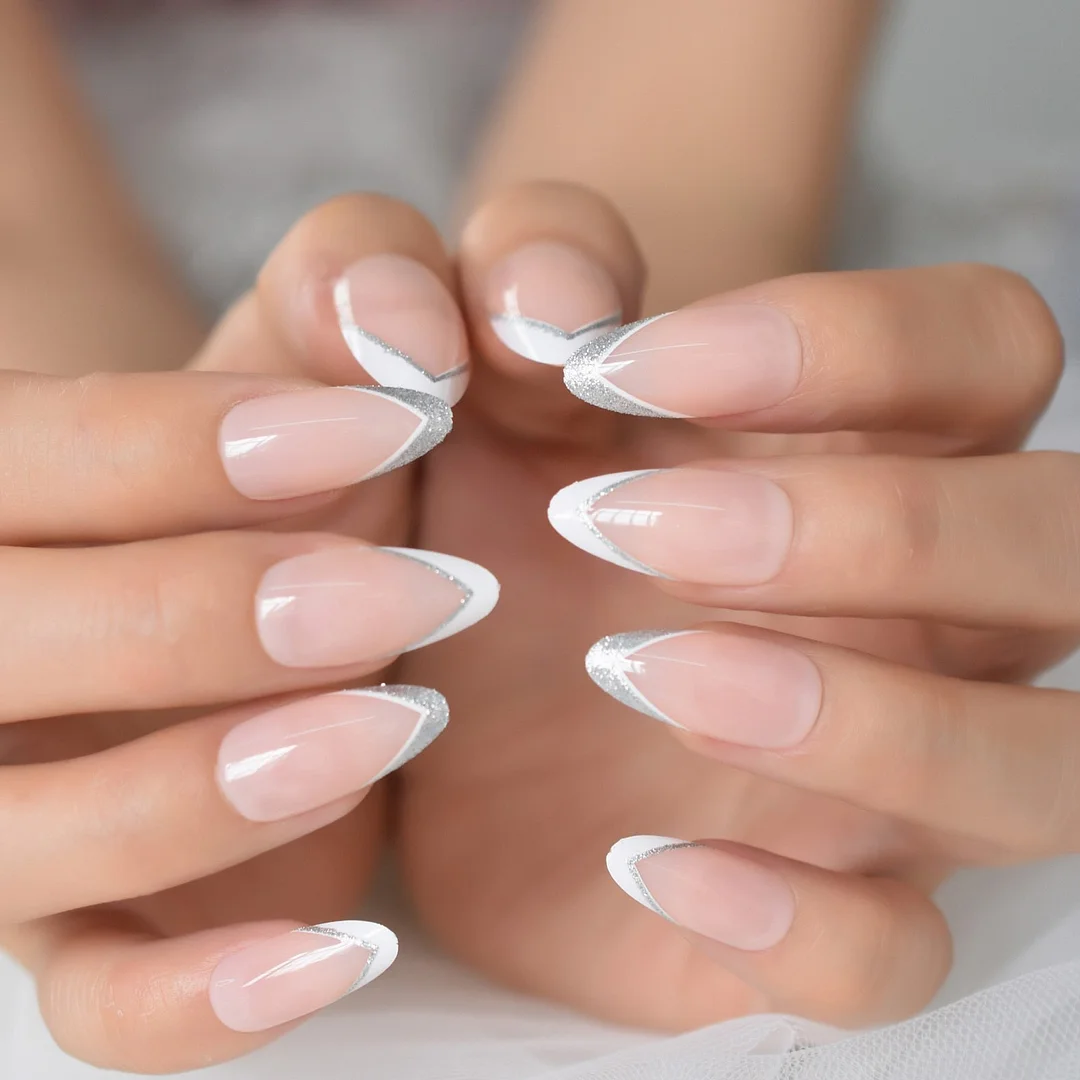 Holographic Glitter Nails Fake Short Stiletto False Nails Ling Pink Shimmer Nail Art Manicure Tips 24-Nail Inspo