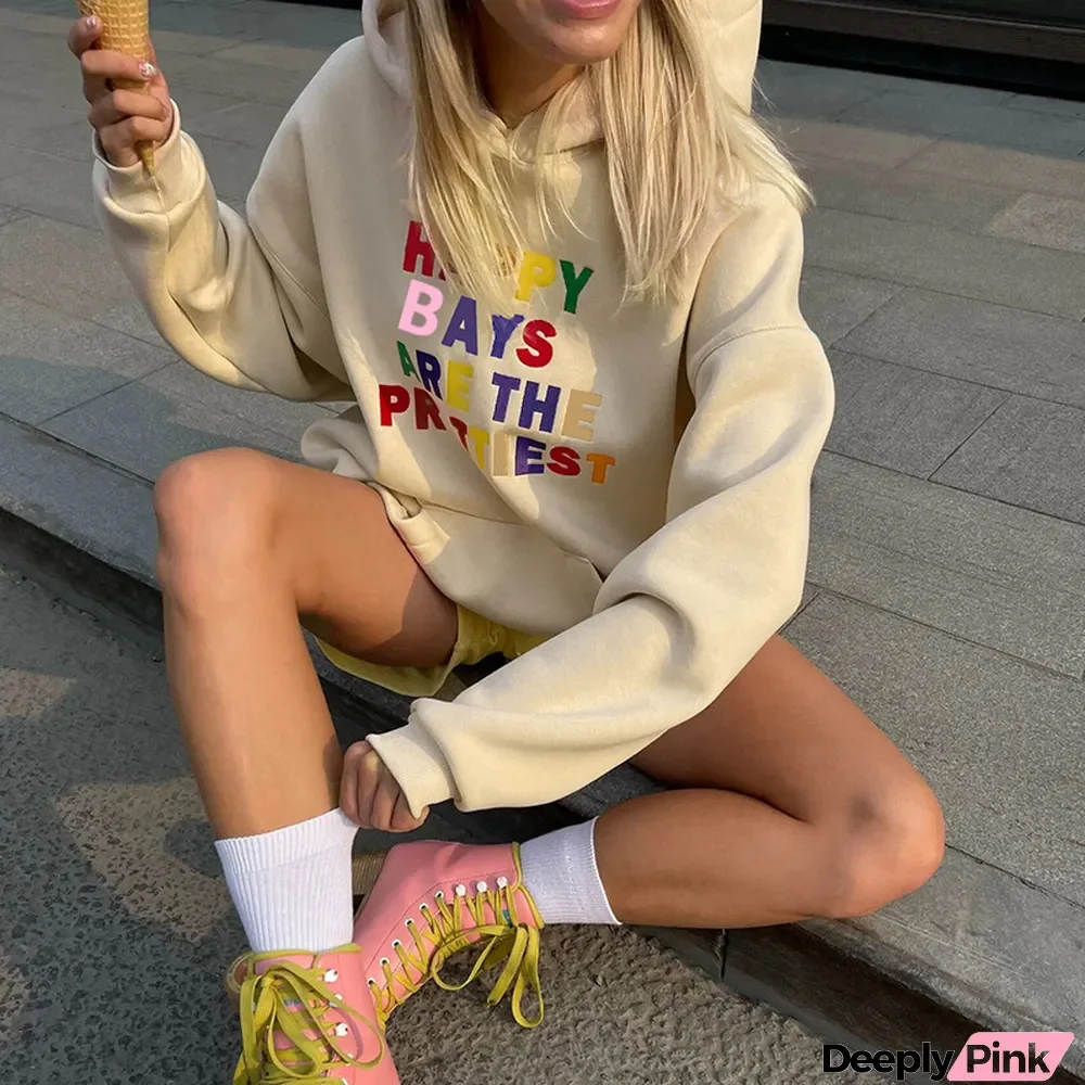 Women Street Style Letter Print Basic Long Sleeve Hoodies