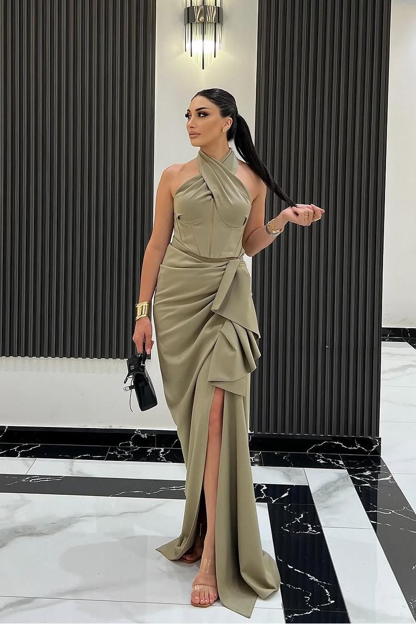 Lvs&Broner Halter Sleeveless Long Mermaid Prom Dress With Split Pleated 