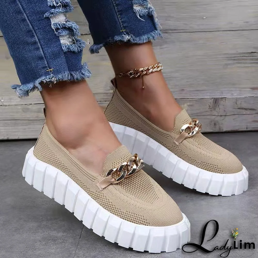 Metal Chain Thick Sole Round Toe Casual Shoes