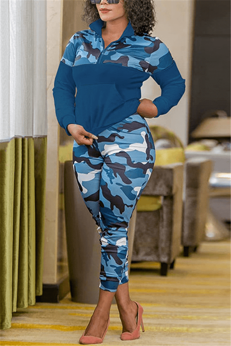 Fashion Casual Zipper Camouflage Print Two Pieces - BlackFridayBuys
