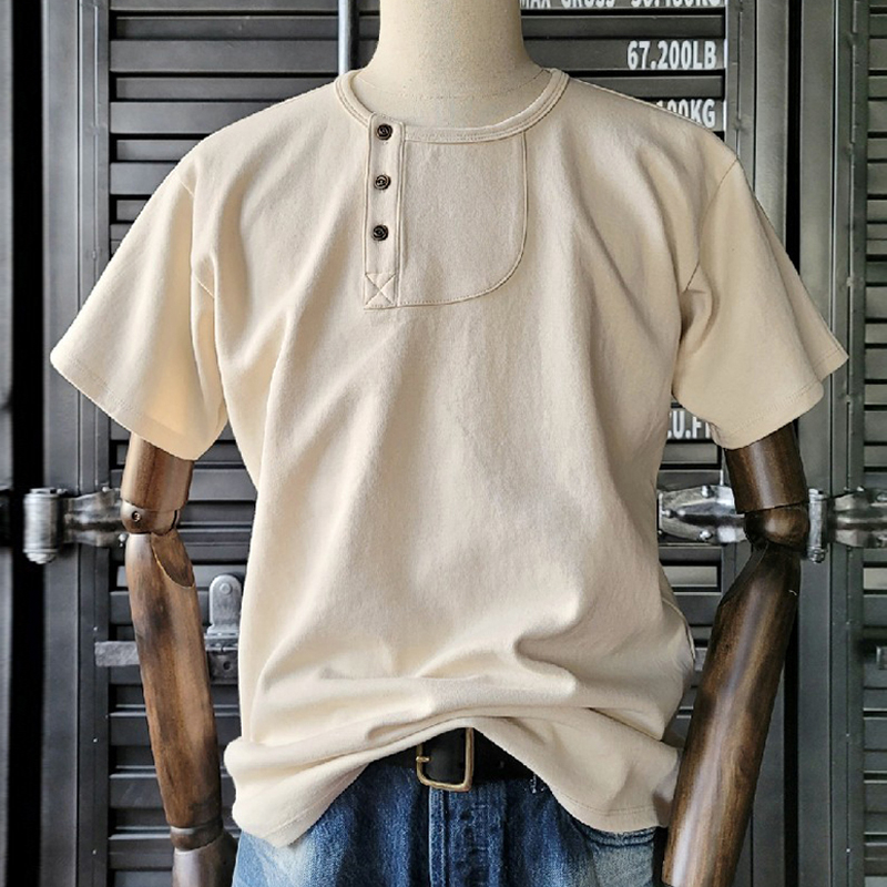 Retro Casual Henley Crew Neck Off-White T-Shirt