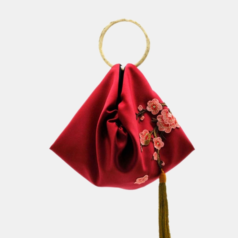 Retro Embroidered Bag Red Plum Tassel Cloth Handbag with Ring Handle