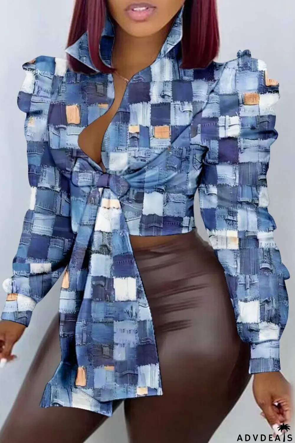 Yellow Casual Print Patchwork Shirt Collar Tops