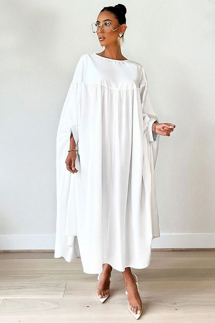 Solid Color Batwing Sleeve Loose Fit Maxi Dresses-White