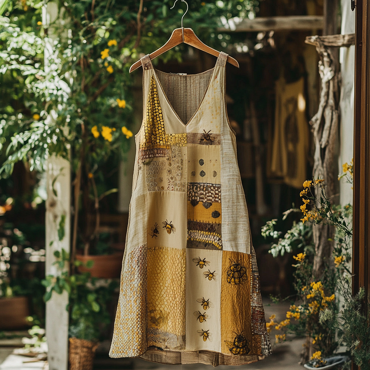 Women's Vintage Beehive And Bee Art Embroidery Short Dress
