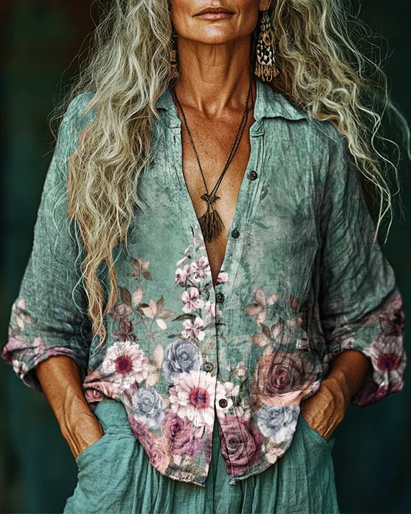 Women's Vintage Bohemian Floral Print Casual Western Shirt