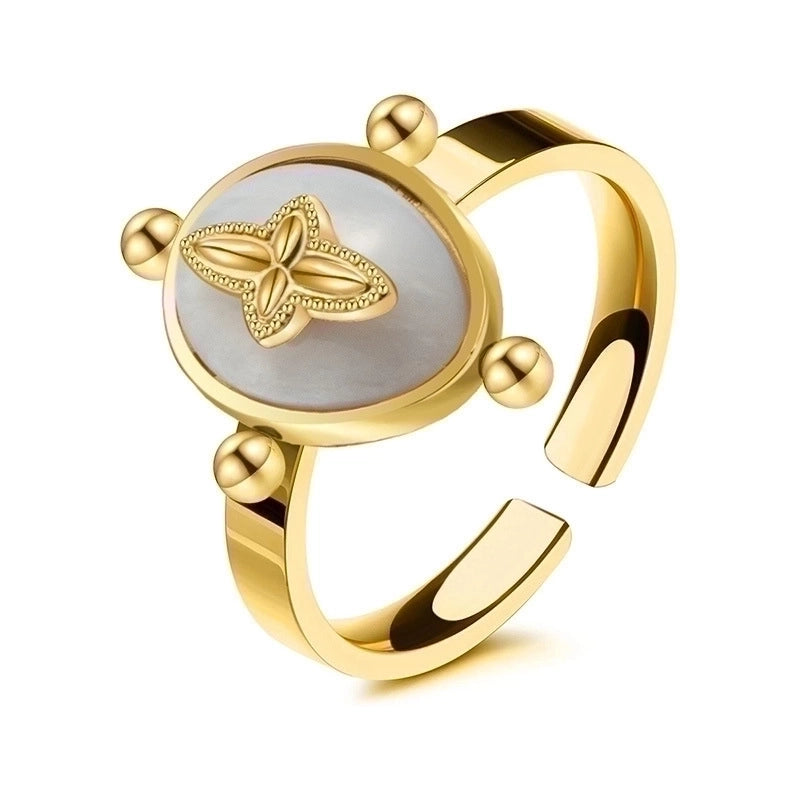 Retro U Shape Stainless Steel Inlay Natural Stone Shell 14k Gold Plated Open Ring