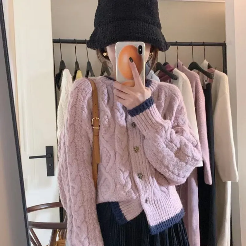 Churchf Churchf Winter New Style Bump Color Sweater Coat Of Thick Needle Twist Tender And Sweet Small Sweet Wind Design Sense Of Female Type Knitting Cardigan