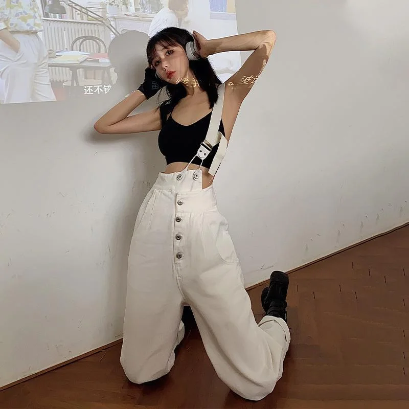 Jumpsuits Women Buttons Single Elasticity Strap Trousers Female Casual Harajuku Streetwear Hip-hop Cool Ulzzang All-match Chic