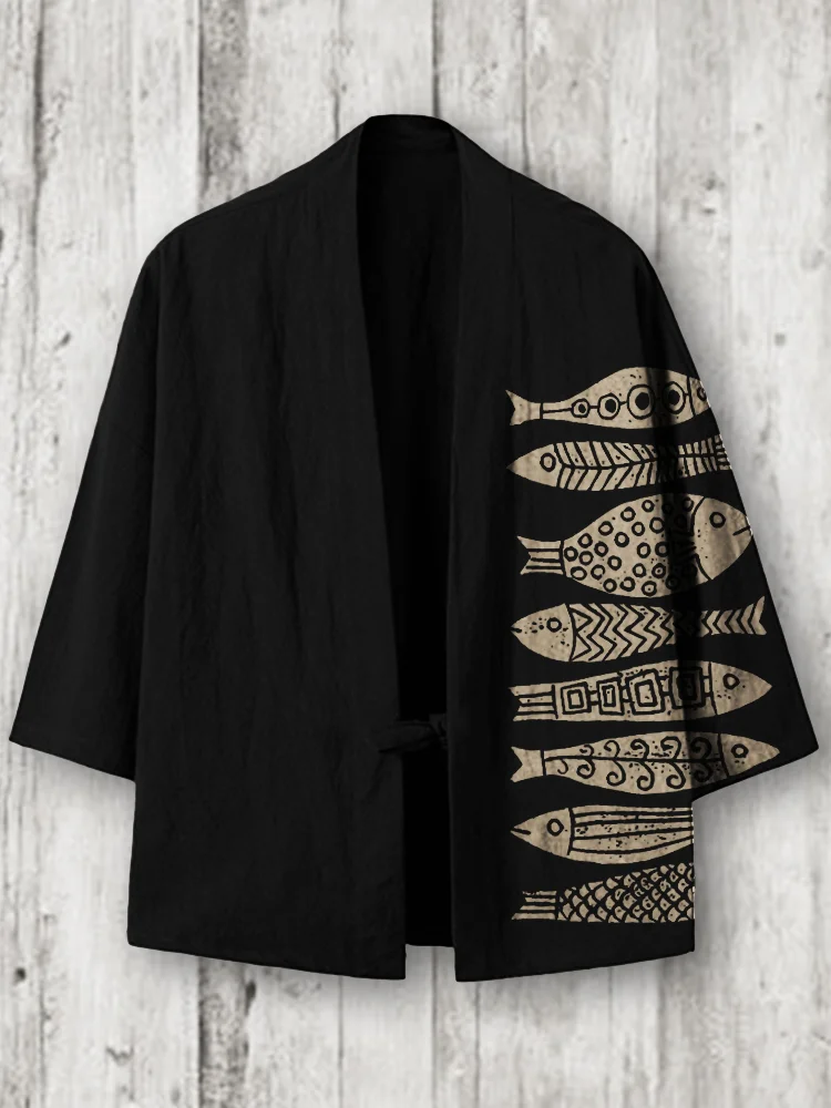 Fish Japanese Lino Art Linen Blend Kimono Cardigan