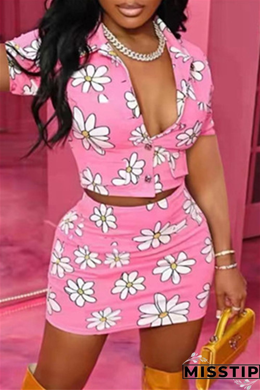 Pink Fashion Casual Print Basic Turndown Collar Short Sleeve Two Pieces