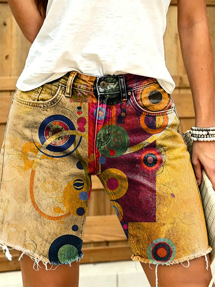 Women's Retro Bohemian Abstract Art Print Fashion Denim Shorts