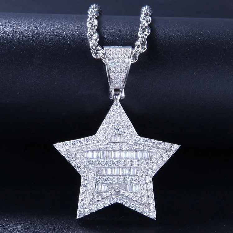 Iced Out Shining Star Pendant Baguette Zircon Necklace