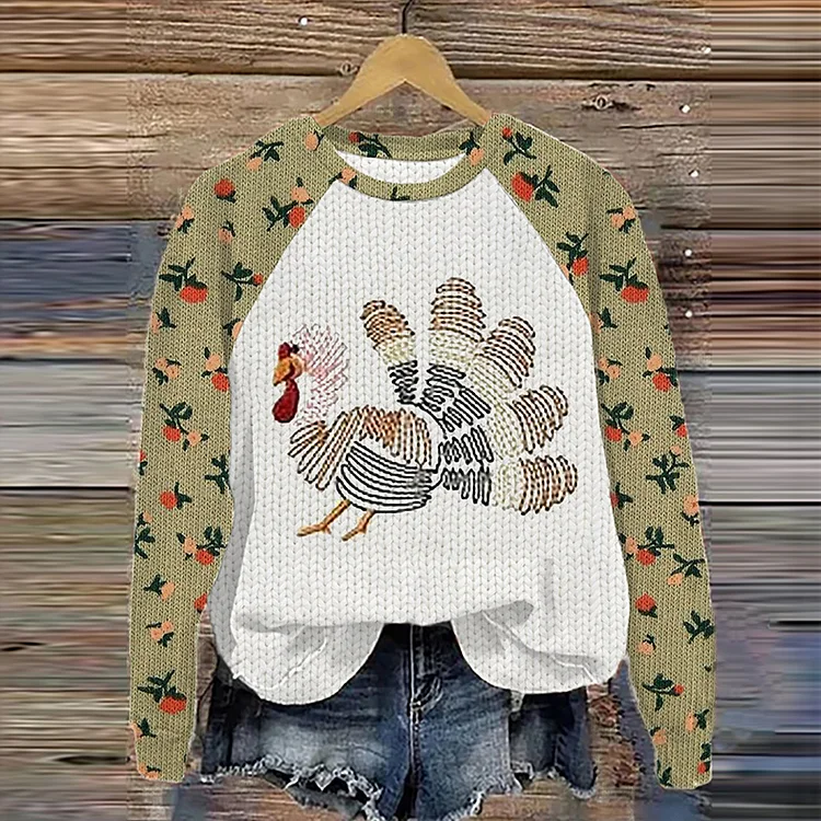 Wearshes Chicken Print Round Neck Long Sleeve Sweatshirt