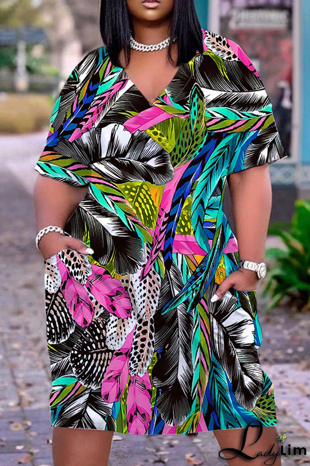 Khaki Casual Print Basic V Neck Short Sleeve Dress