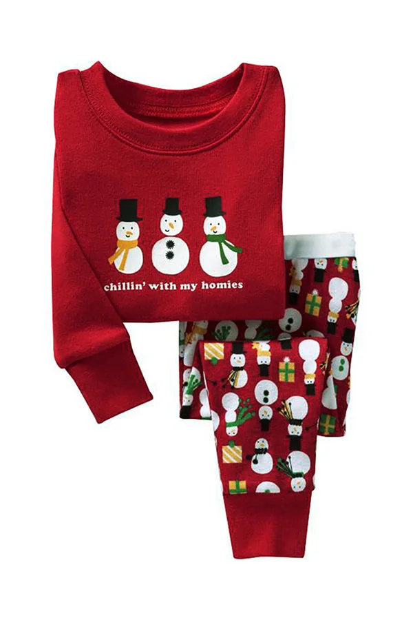 Crew Neck Long Sleeve Snowflake Print Christmas Kids Girls Pajama Red-elleschic