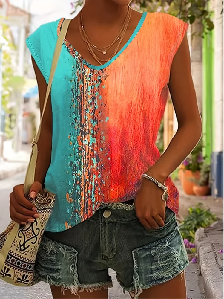 Women's Casual V-Neck T-Shirt, 95% Polyester 5% Elastane, 200g/M² Fabric, All-Season Drawing Pattern Tee, Versatile To