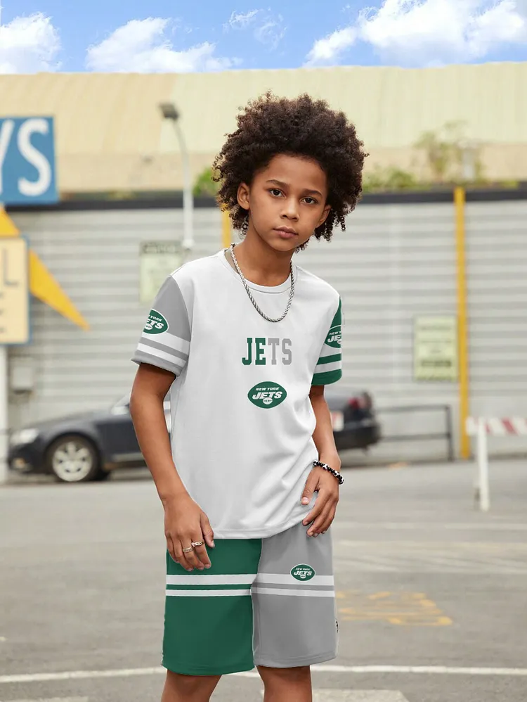 New York Jets New Design Kids（5-14Y)' Casual Crew Neck T-shirt And Drawstring Shorts  2pcs/Set