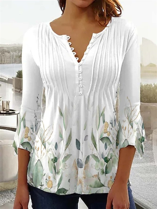 Women's Casual Leaves Floral Printed Button 3/4 Sleeve V-neck Tops