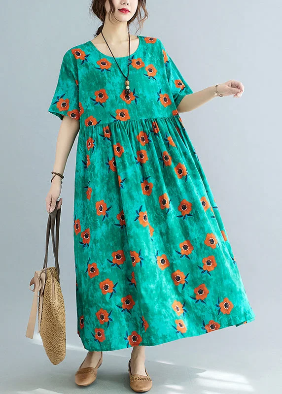 Style Green Cinched Patchwork Lace Long Summer Cotton Dress