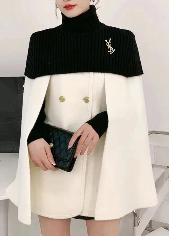 Elegant White O-Neck Knit Patchwork Cape And Woolen Coats Two Piece Set Spring