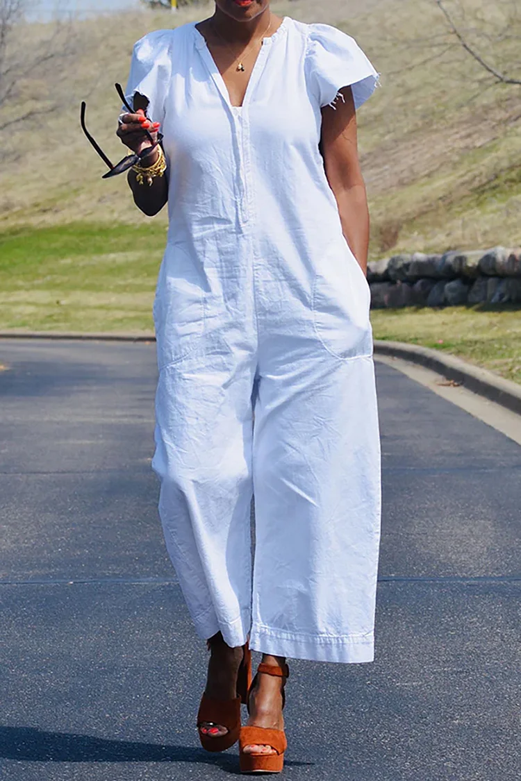 Plus Size White Casual Short Sleeves V-neck Wide Leg Pocket Jumpsuits 