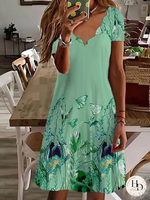 Casual Dress Summer Dress Print Dress Floral Print Scalloped Neck Mini Dress Active Fashion Outdoor Daily Short Sleeve Regular Fit White Light Green Green Summer Spring S M L XL XXL for Women