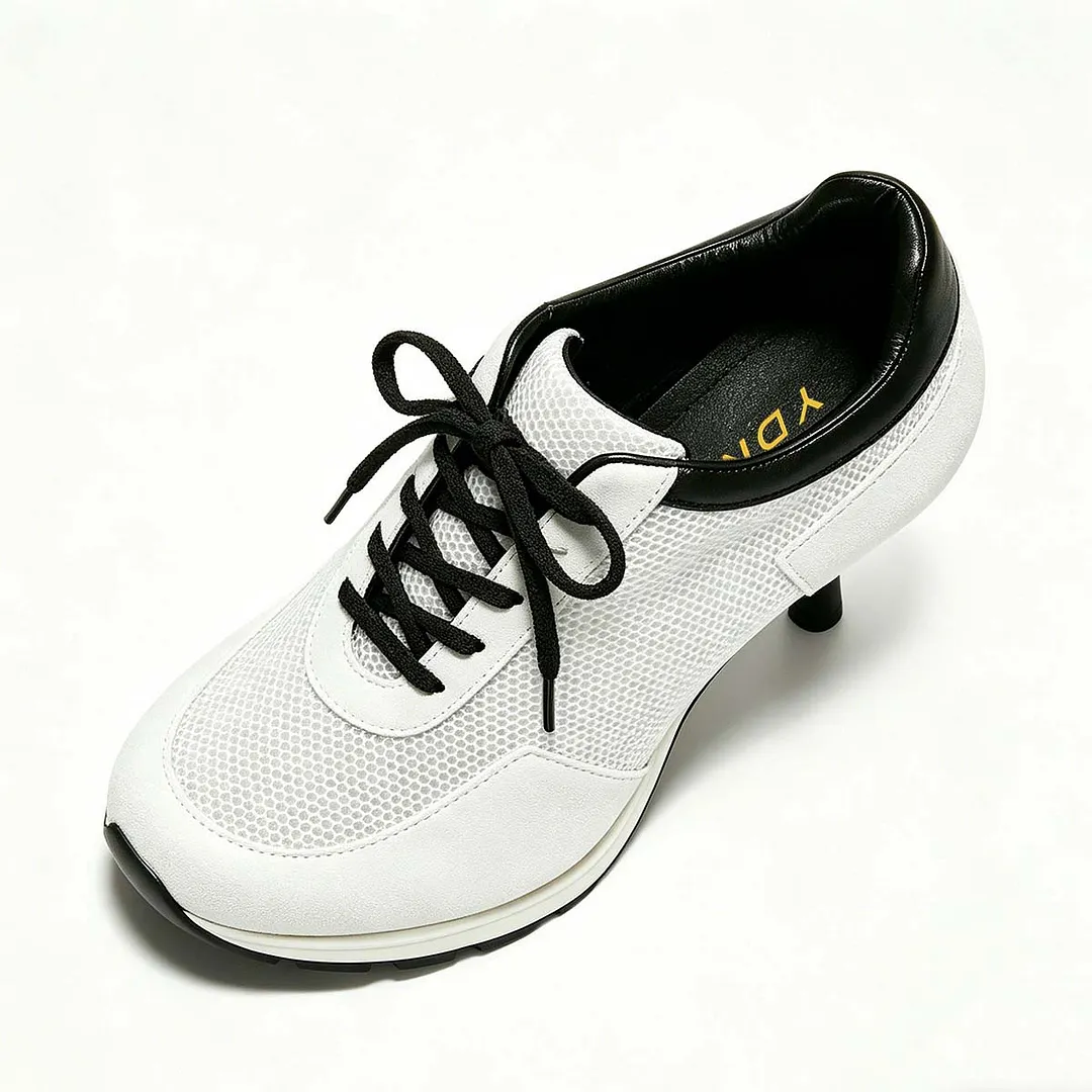 White Patchwork Lace Up Sneaker Round Toe Stiletto Black Heeled Shoes