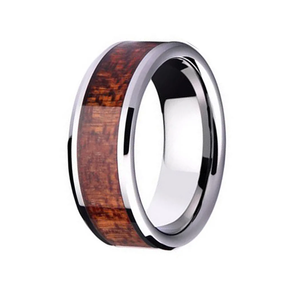 6MM 8MM Flat Tungsten Wedding Rings Wood Inlay High Polished Comfort Fit For Men