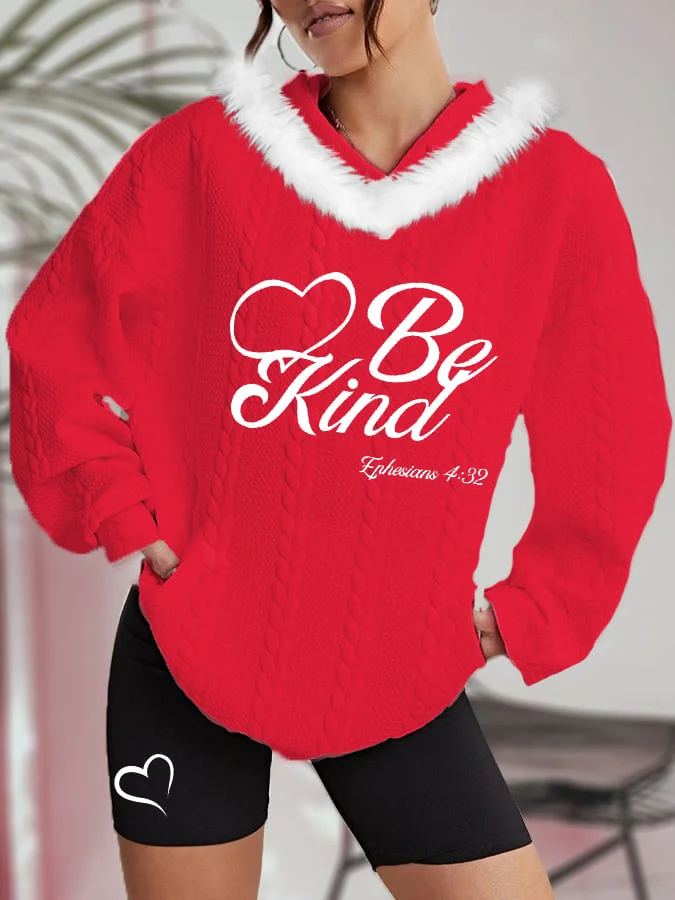 Women's Fuzzy Faith Be Kind Heart Cable Hoodie