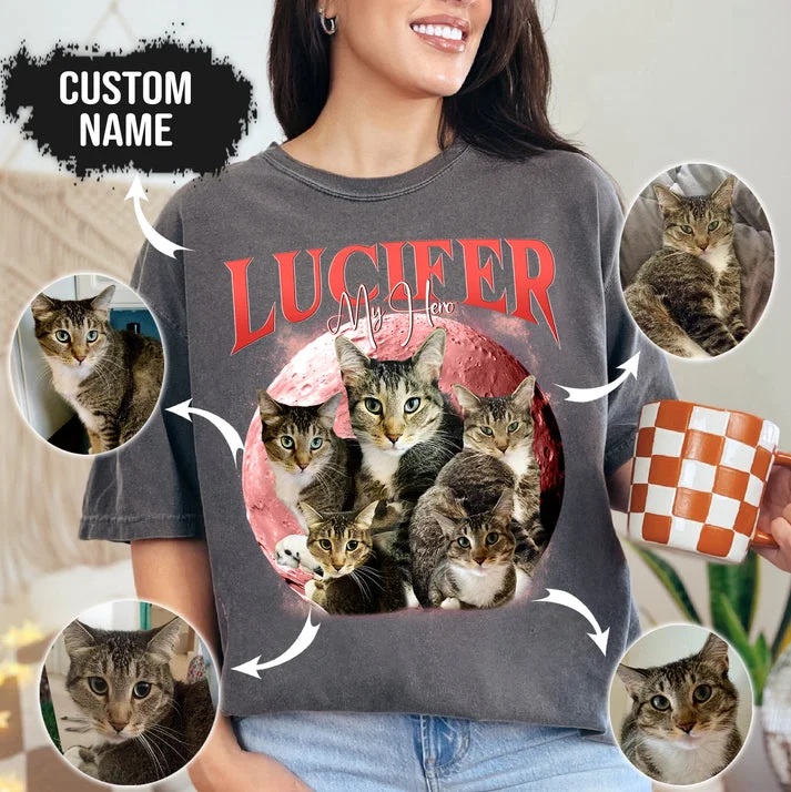 Personalized Cat Dog Shirt, Pet Photo Moon Shirt, Bootleg Vintage T-shirt