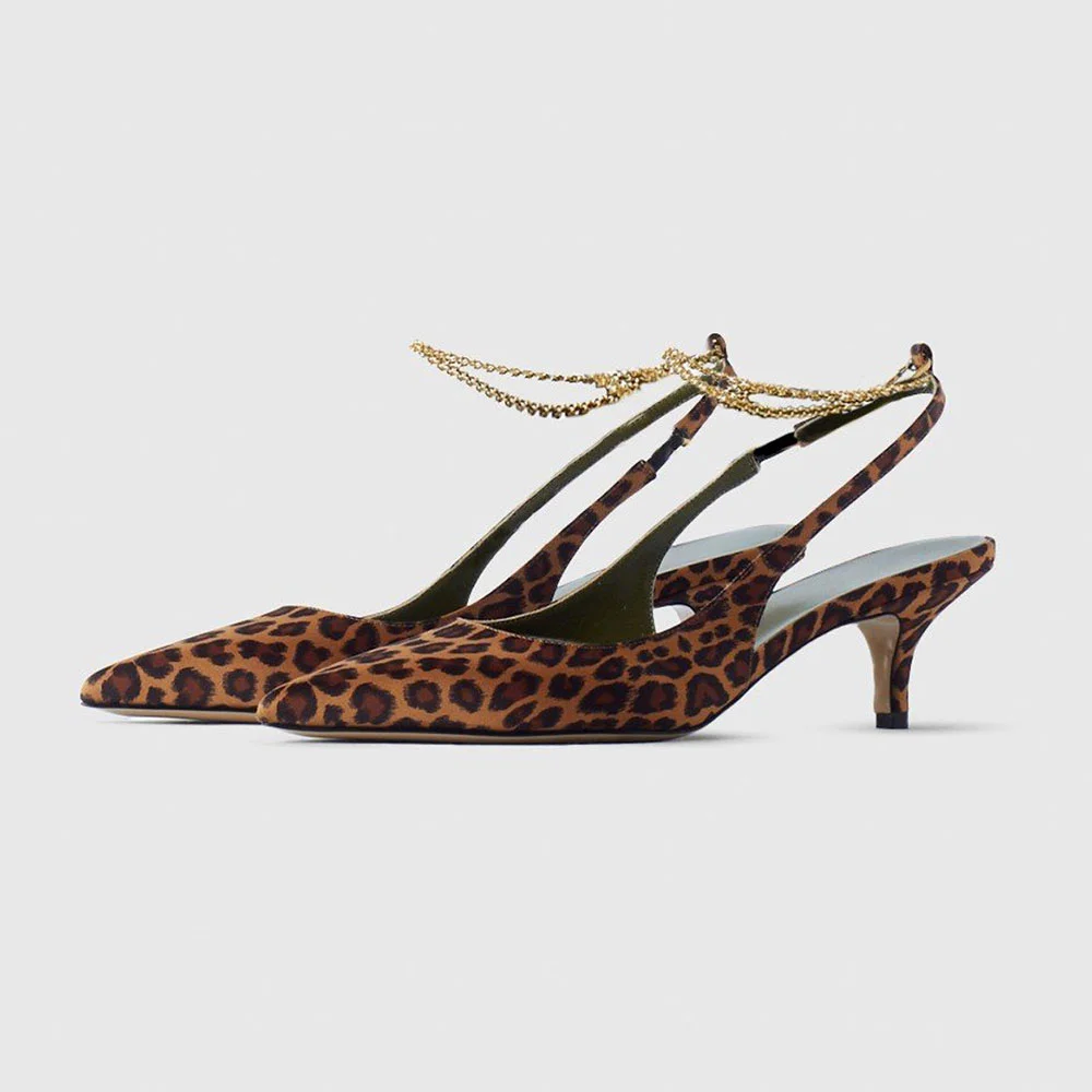 Leopard Print Fabric Pointed Toe Slingback Heels with Chain