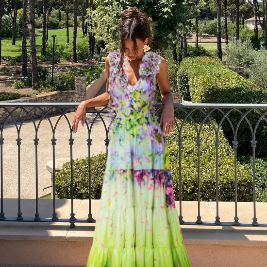 【I AM MARI】Crete Color Scheme Pleated One Piece Gradient Flowers Printed One Piece Swimsuit and Skirt