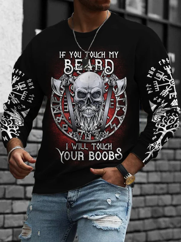 Tiboyz Men's Viking Beard Skull Runes Nordic Compass Sweatshirt
