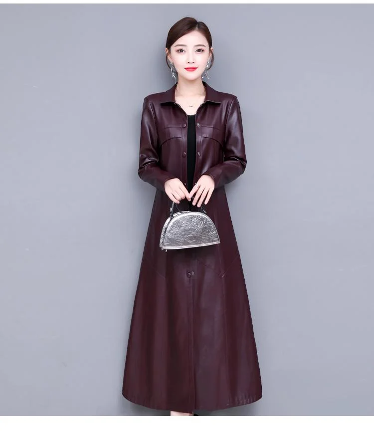FTLZZ New Women Sheepskin Genuine Leather Long Jacket Thicken Coat Single Breasted Leather Trench Coat Outerwear Female